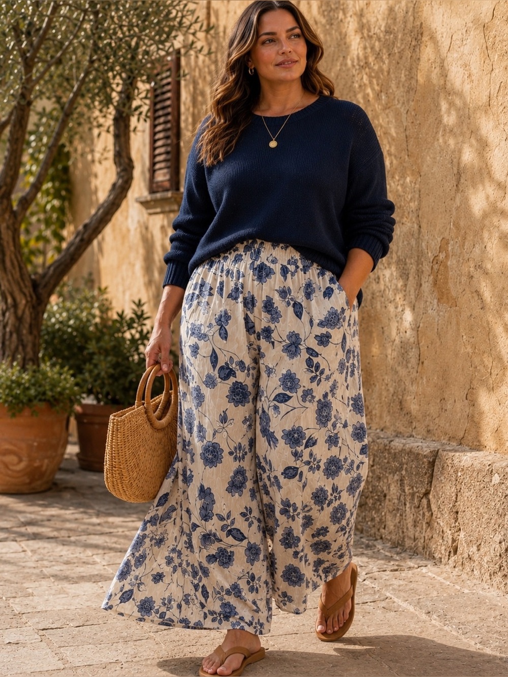 Floral Navy & White 55% Linen Pants | Wide Leg | High Waisted | Large